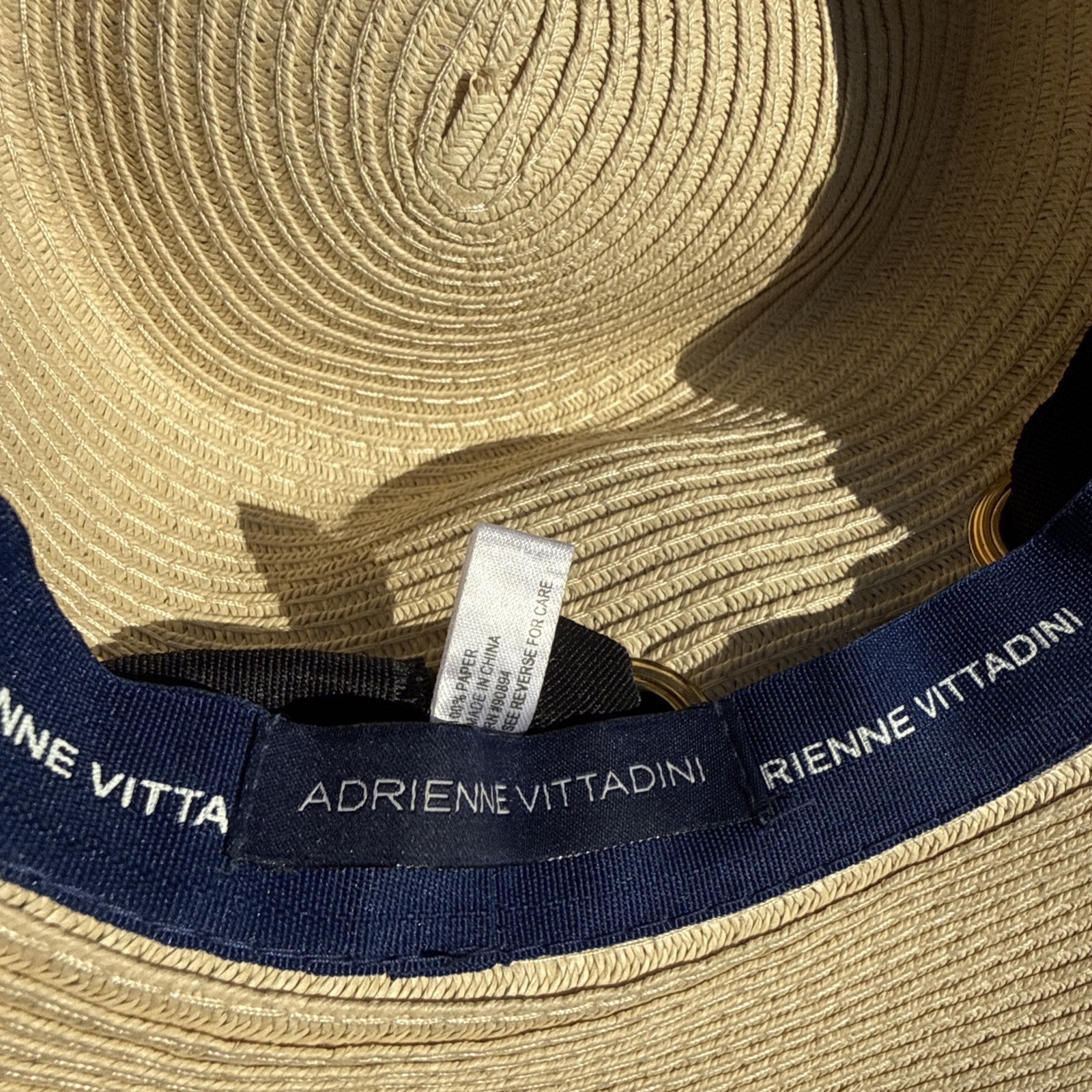 Adrienne Vittadini 5” Ultra Wide Brim Beige Straw Floppy Sun Hat Gold AV Logo