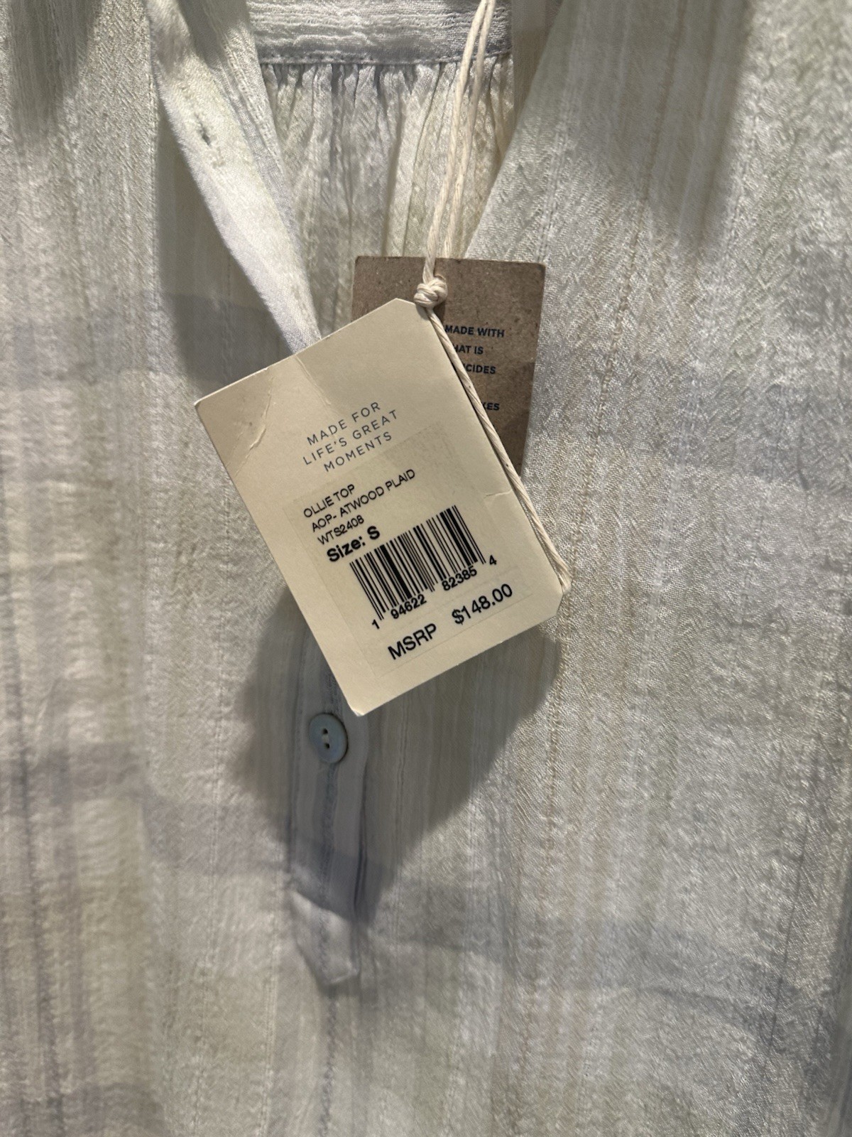 FAHERTY Linen Plaid Collared Half Way Buttons-Long Sleeve Top White/Cream