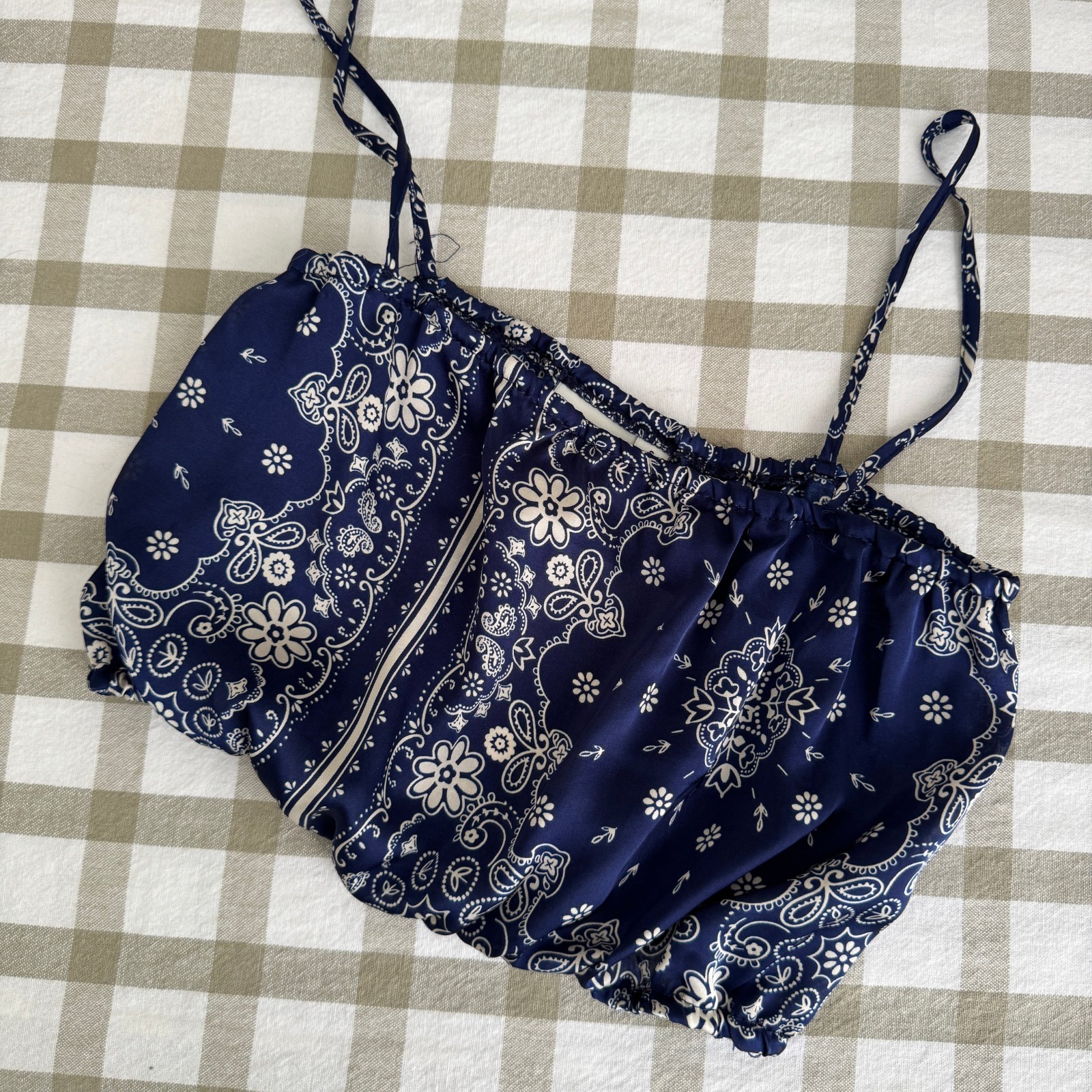 Janet Chung Bandana Paisley Print Satin Ruffle Hem Cami Crop Top Navy Blue
