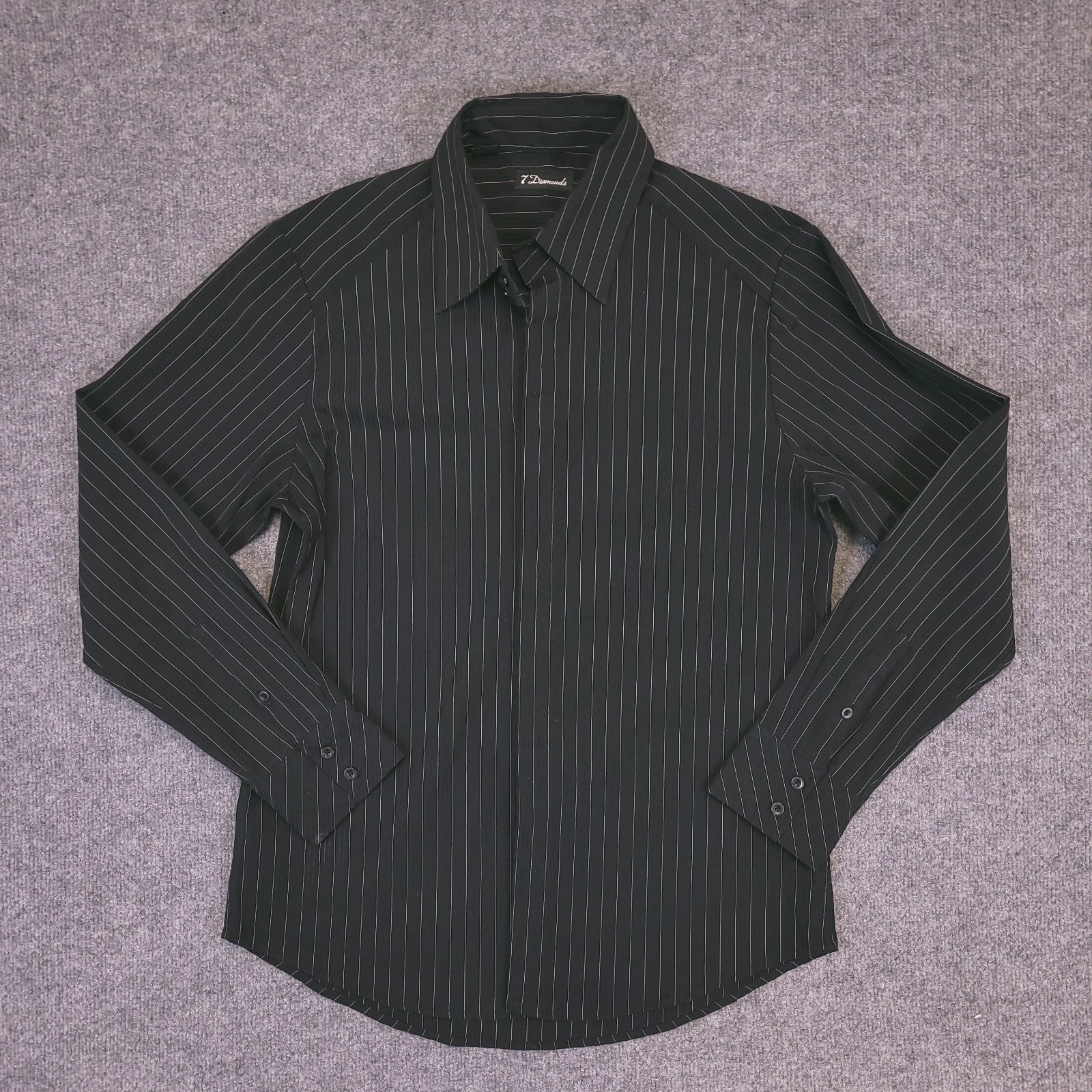 7D 7 Damonds Button Up Mens L Black White Stripe Stretch Tonal Raised Ribbing