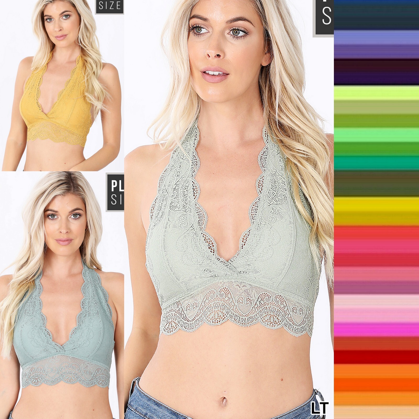 1X 2X 3X Plus Size Lace Halter Bralette Soft Fully Lined Bra Pads Hook Closure