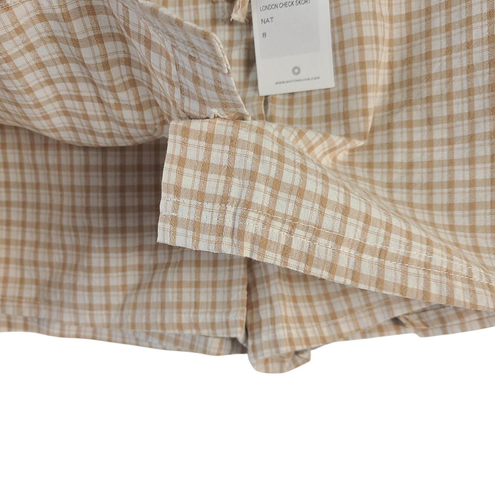 NEW Rhythm London Check Skort Beige & White Plaid Cotton Blend Women’s Size 8