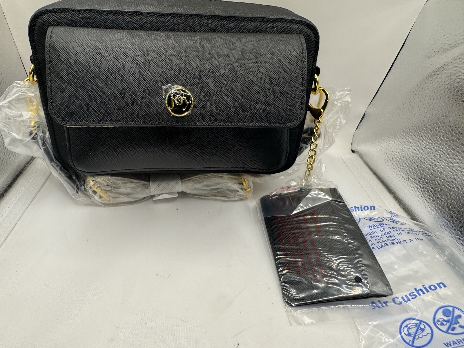 JOY Black Saffiano Crossbody Bag Zip Gold-Tone Hardware, Adjustable Strap, Pouch