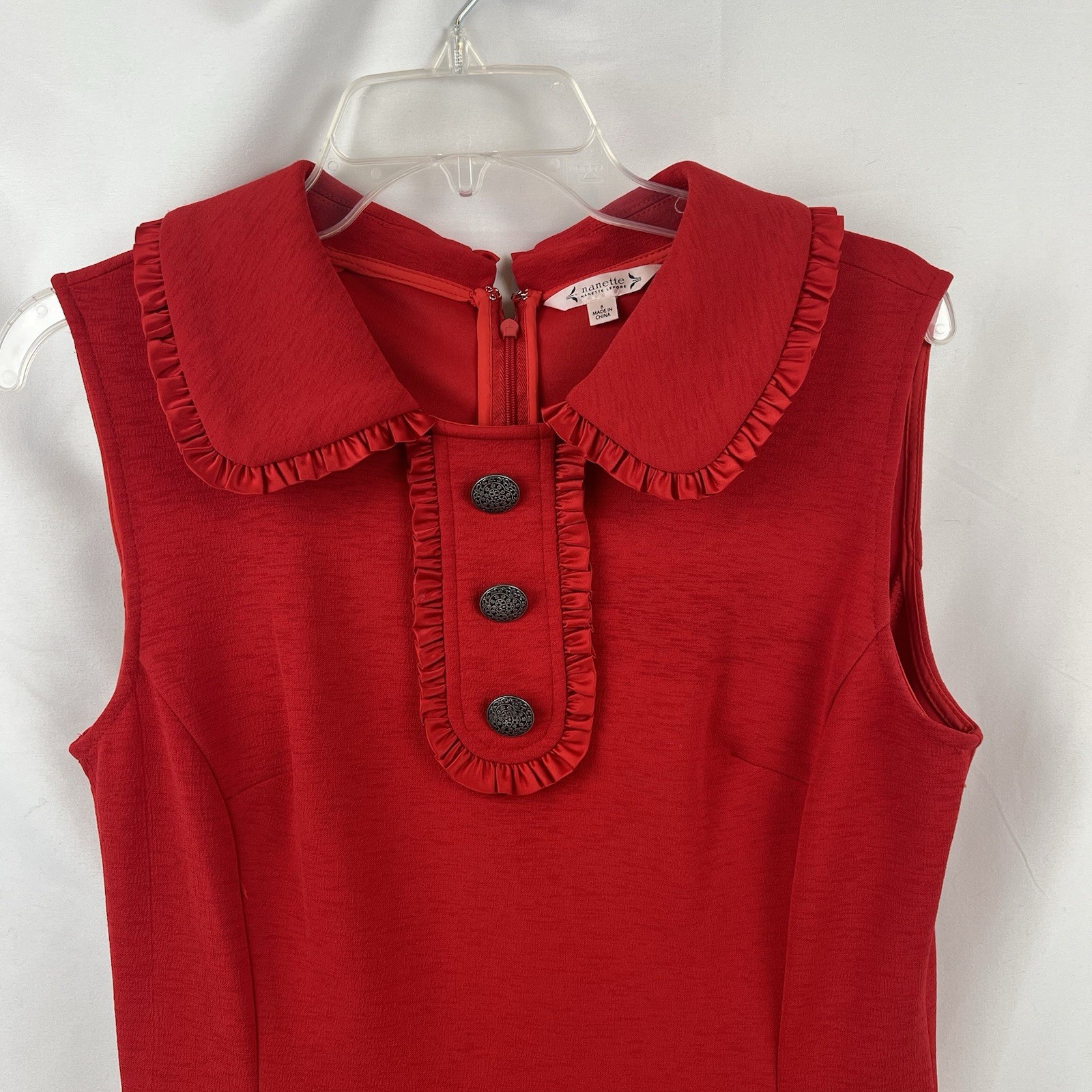 Nanette Lepore Red Dress Sleeveless Ruffle Peter Pan Collar Knit Size 8 POCKETS!