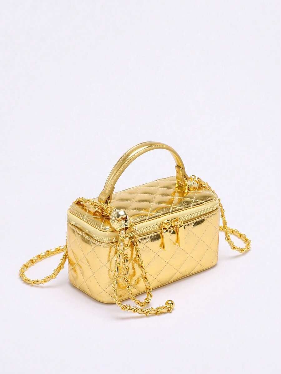 Fashionable Quilted Box Bag Plain Mini Crossbody Chain Strap Zipper Purse