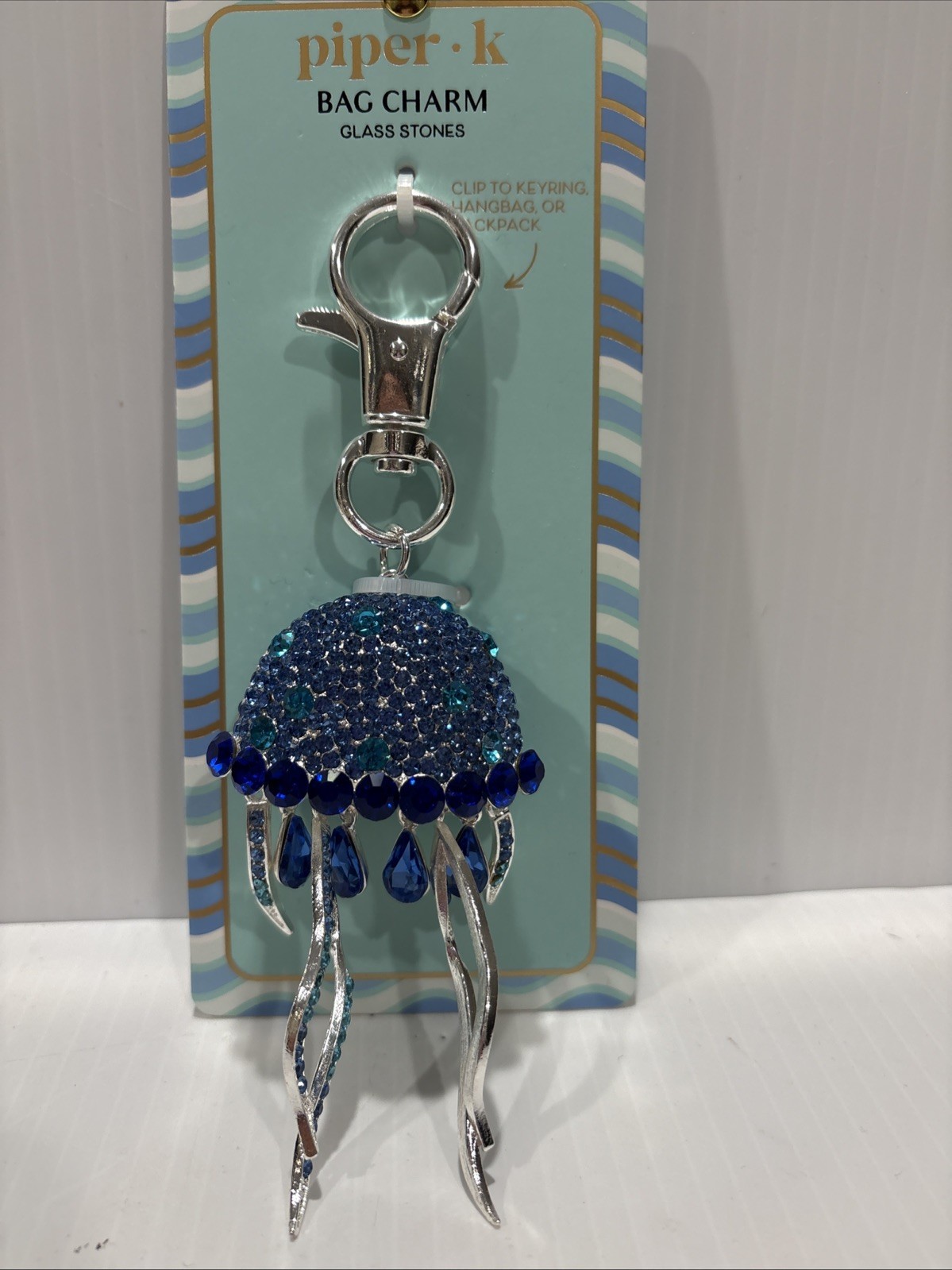 💙NWT Piper K Blue Rhinestone Jelly Fish Bag Charm / Keychain Blue Crystal