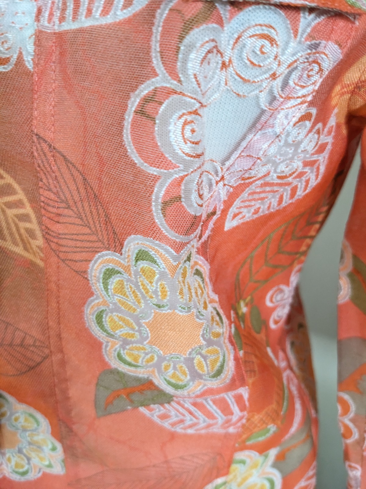 Multiple’s Coral Orange Floral Blouse Medium Semi Sheer Button Front Rayon Blend