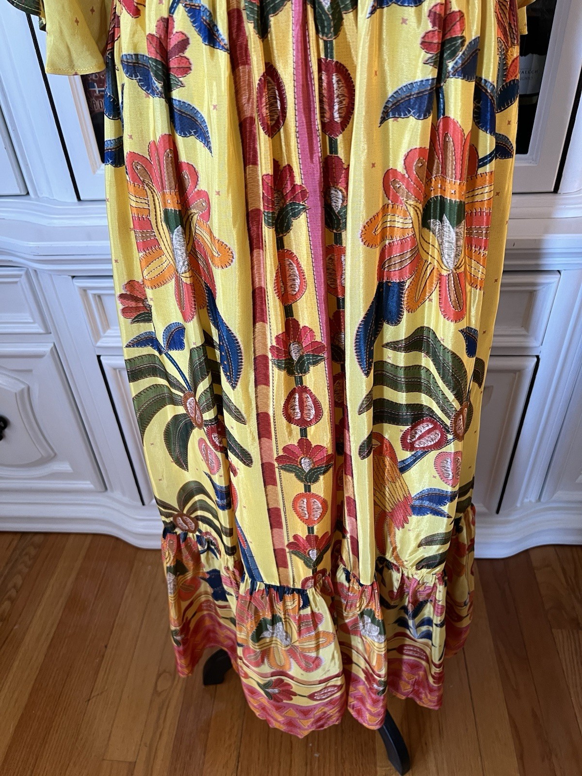 FARM Rio For Anthropologie Yellow Tropical Print Satin Like Fabric Maxi Dress M