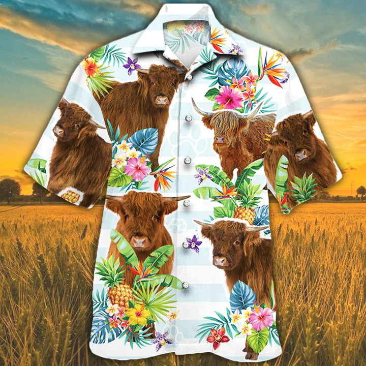 Highland Cattle Tropical Flower Trendy Hawaiian Shirts For Men, Women, Cow Lover