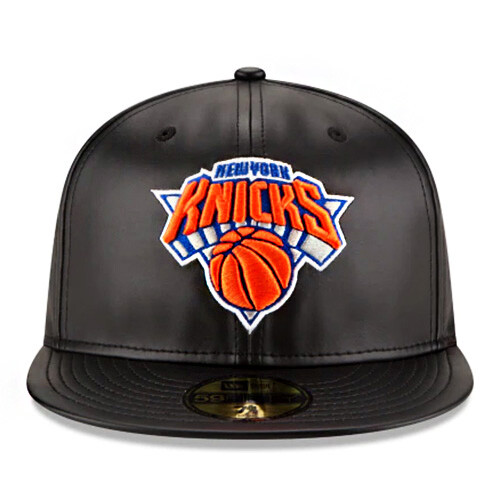 New Era New York Knicks P.U Fitted Hat NBA Official Team Black Faux Leather Cap