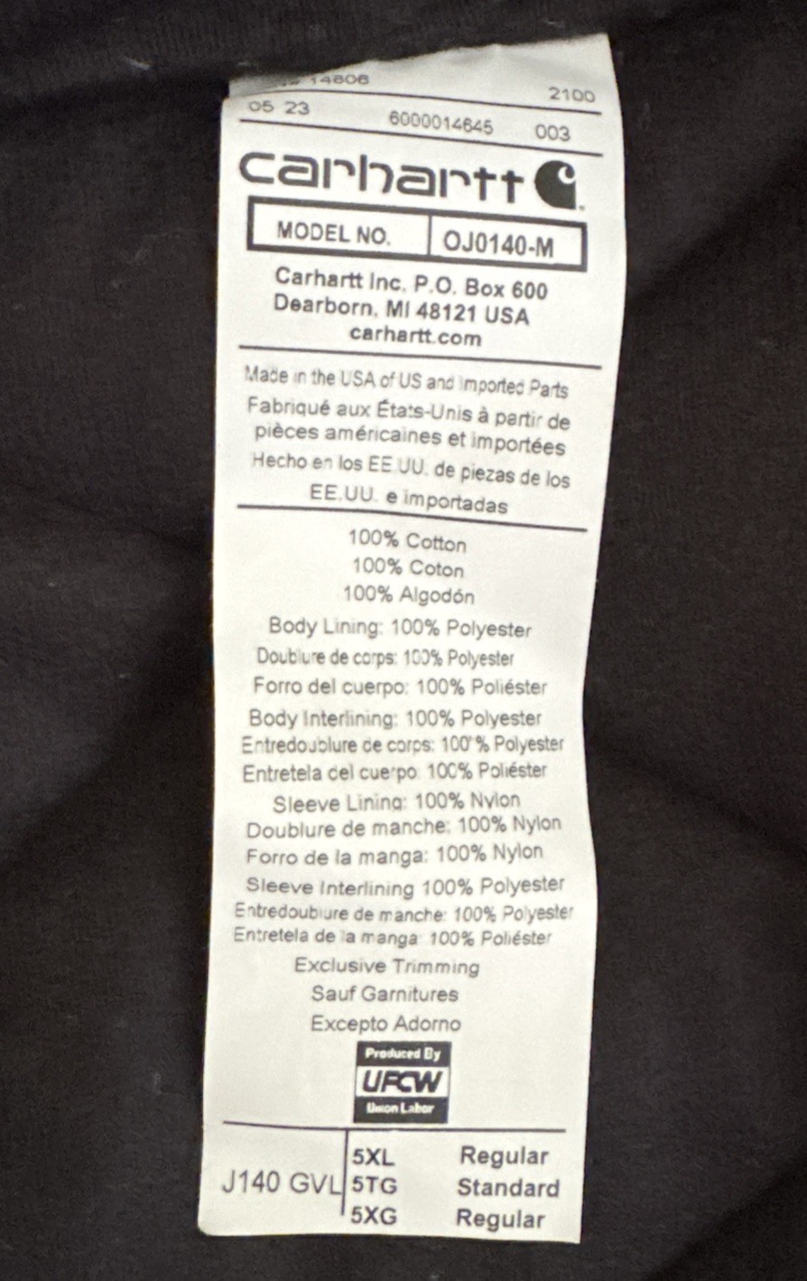Carhartt Jacket 5XL Firm Duck Flannel-Lined Warmest Rated Loose Fit j140 msrp129