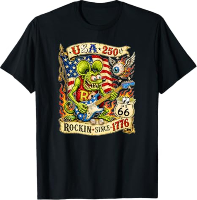 USA 250th Rat Fink US Highway 66 Guitar Flag Dice Ace Retro T-Shirt