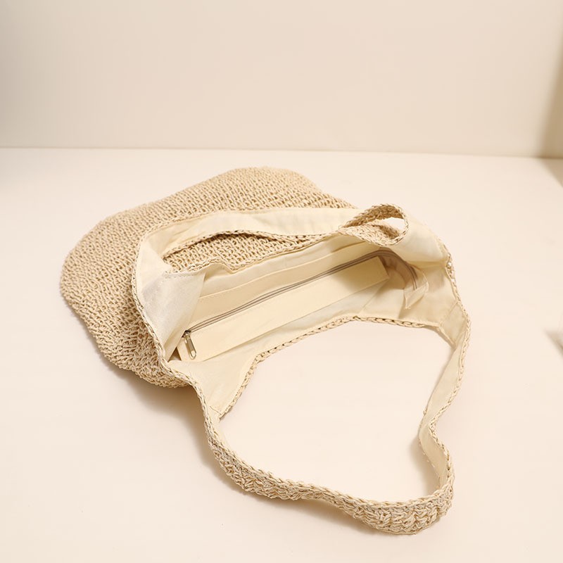 Women Simple Solid Color Large Capacity Straw Shoulder Tote Bag For Vacation
