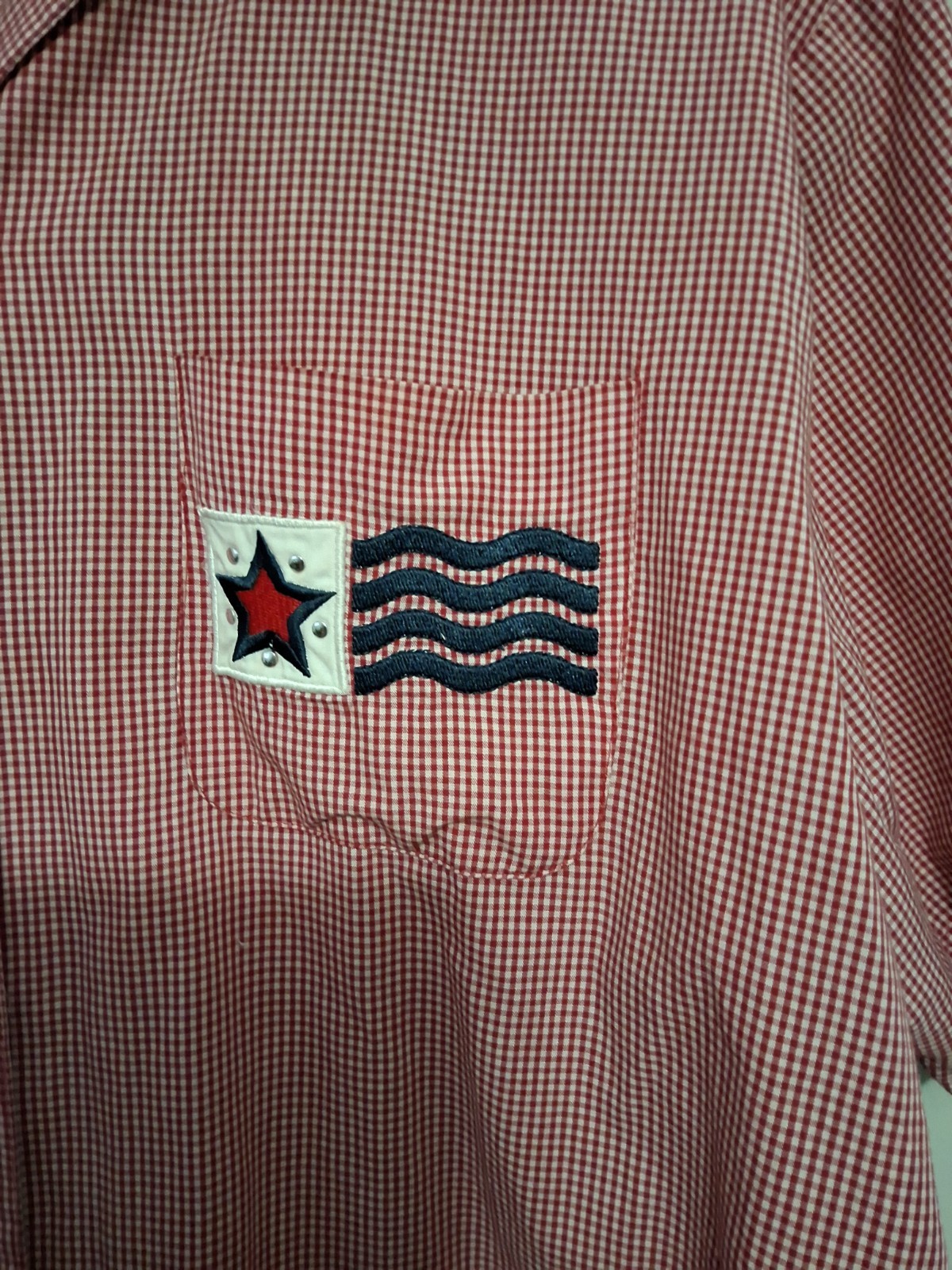 Karen Scott Gingham Button-Up Shirt XL Red/White Blue Patriotic Embroidered
