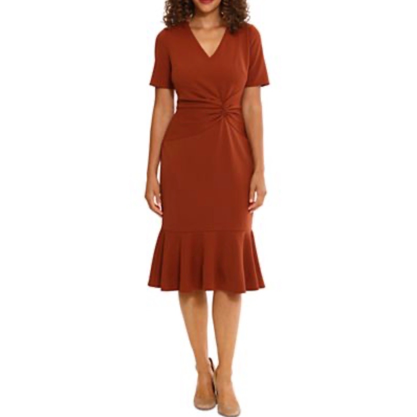 London Times Rust Twist Front Midi Dress 10 VNeck Mermaid Hem Cocktail Career