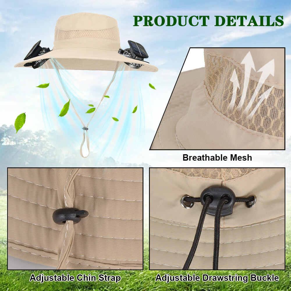 Outdoor Wide Brim Sun Hat with 2 Solar Fans Fishing Hiking Camping UV Protection