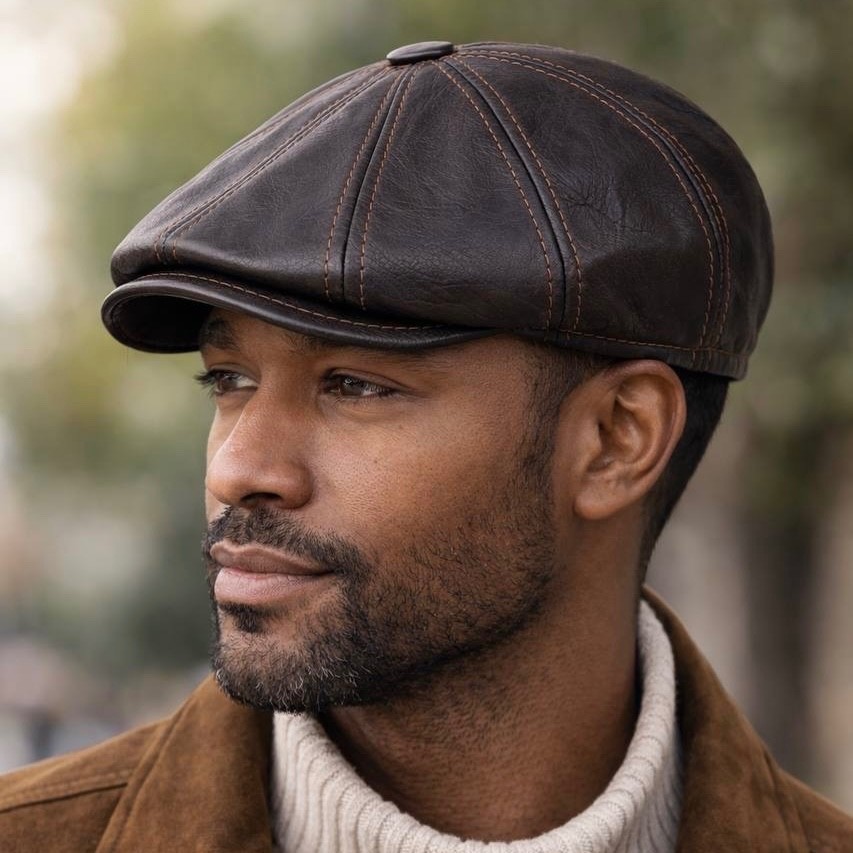 Vintage Brown Real Leather Cabbie Hat Newsboy Ivy Cap Ear Flaps