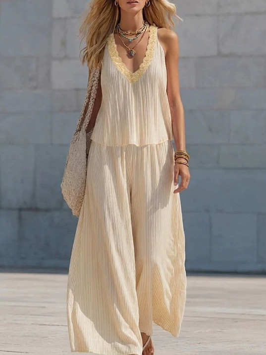 Womens Lace V-Neck Pleated Striped Two Piece Set Loose Wide Leg Pants Suit