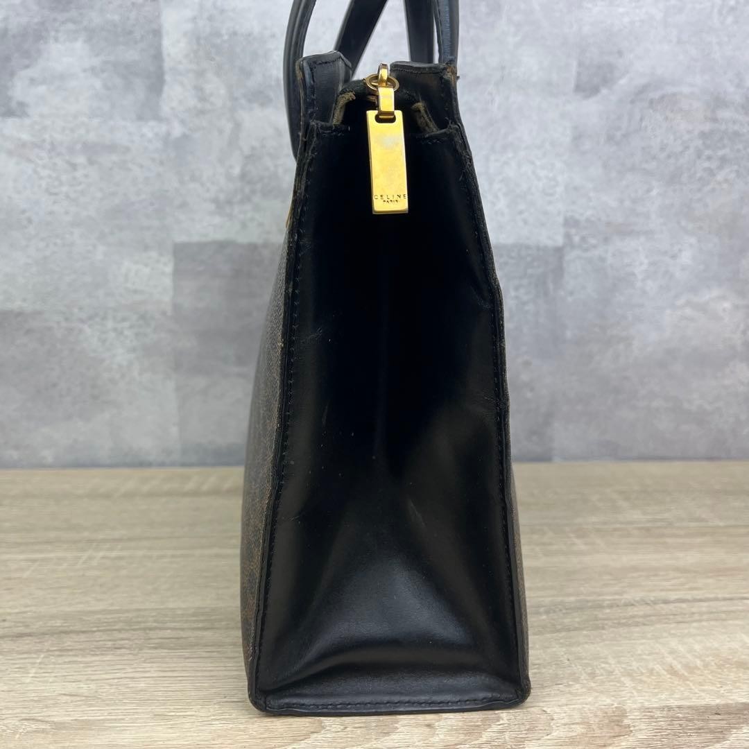 CELINE Macadam Pattern Leather Tote Handbag Dark Brown Gold Hardware Women