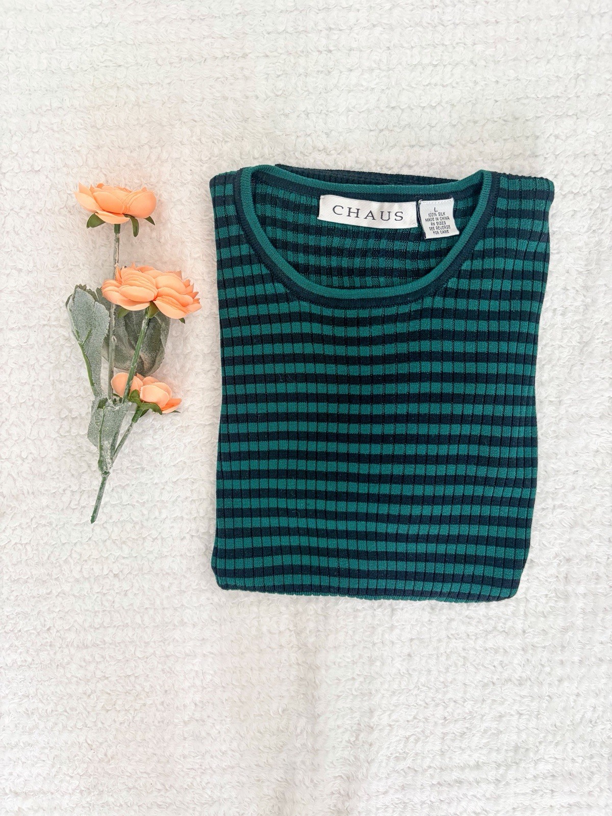 Chaus Green Black Striped Silk Ribbed Knit Crew Neck Pullover Sweater L