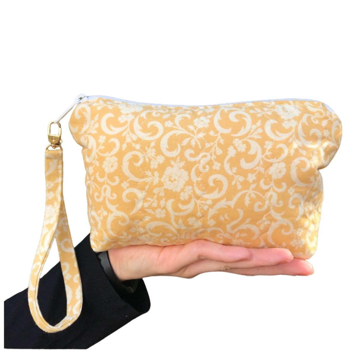 Small zipper wristlet pouch, upcycled purse accessories, yellow swirl fabric