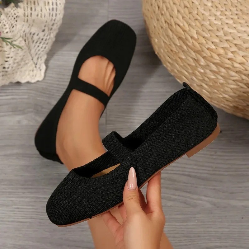 Women Knitted Ballet Flats Mary Jane Strap Shoes 2025 Anti Slip Casual Loafers