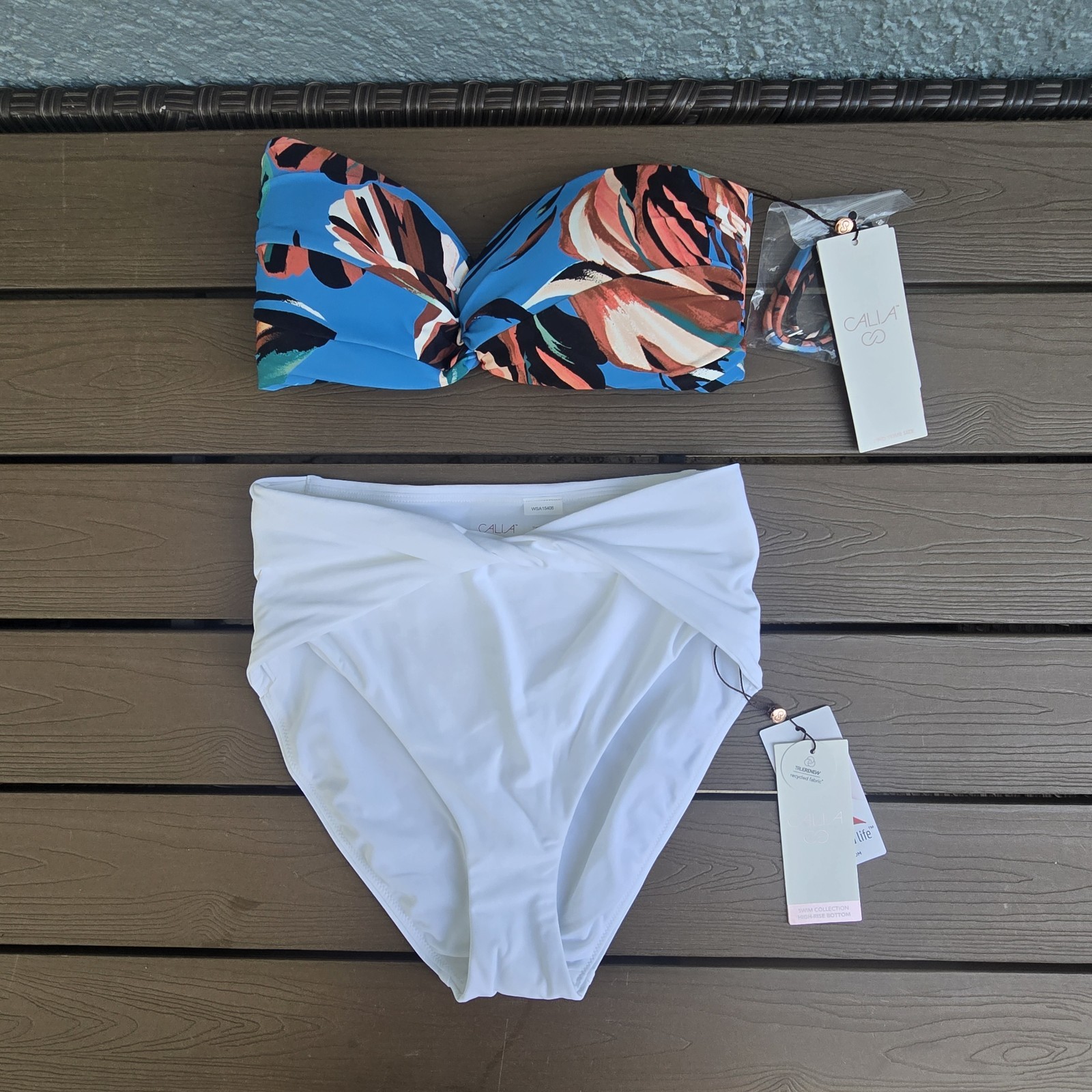 CALIA Women’s Tranquil Blue Floral Twisted Bandeau & High Rise Bikini Sz XS New