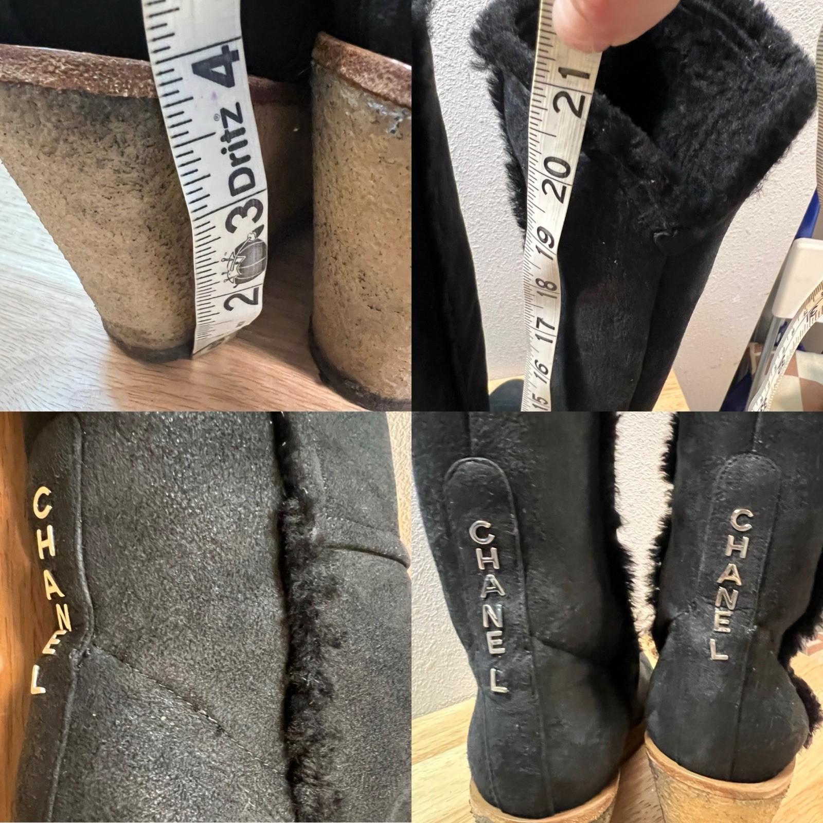 Chanel Boots 40 Wedge Knee High Suede Sherpa Fur Lined Biker Moto Spellout Logos