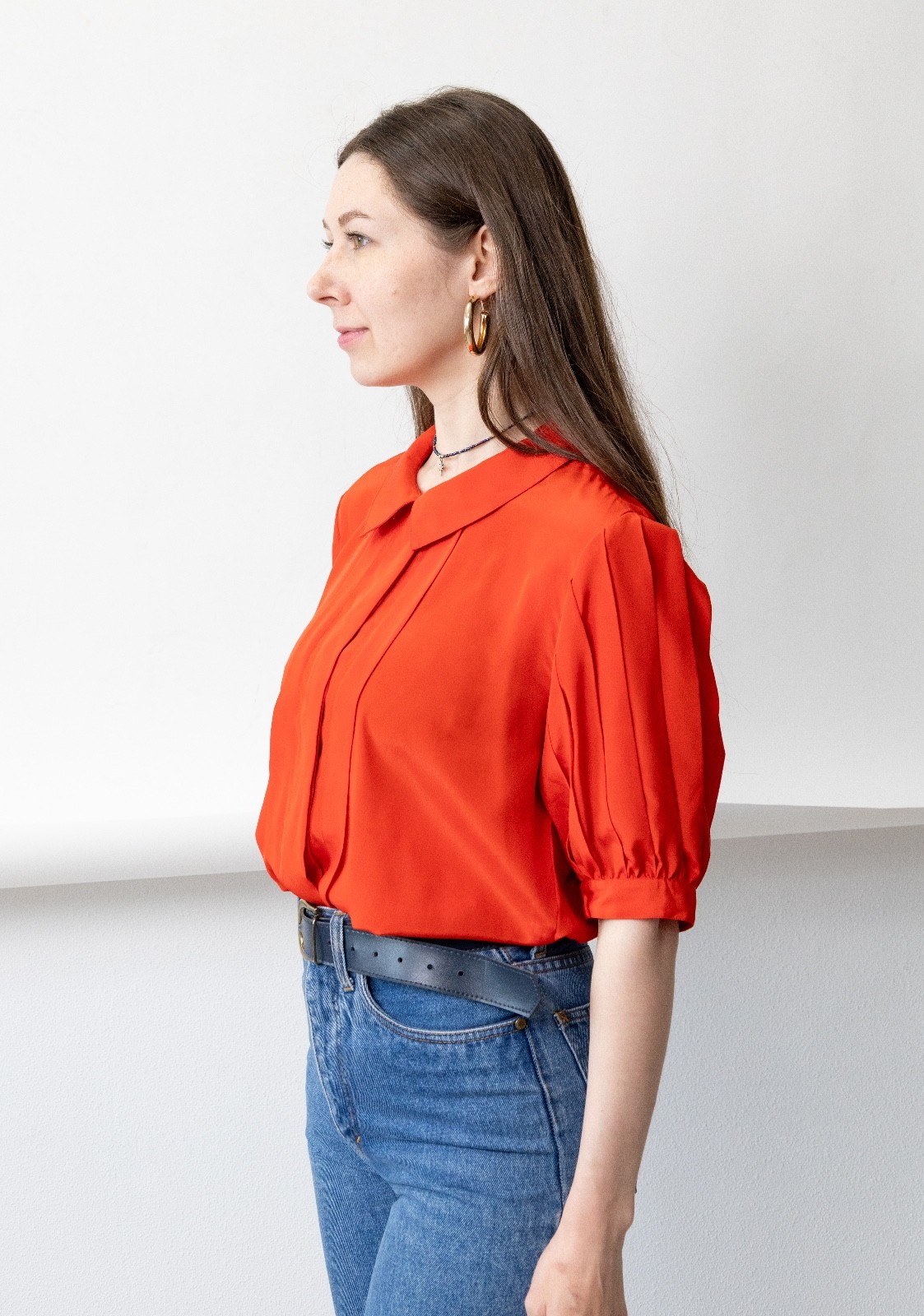 Vintage 80s 90s Tomato Red Blouse Peter Pan Collar Puff Sleeve Coquette Womens S