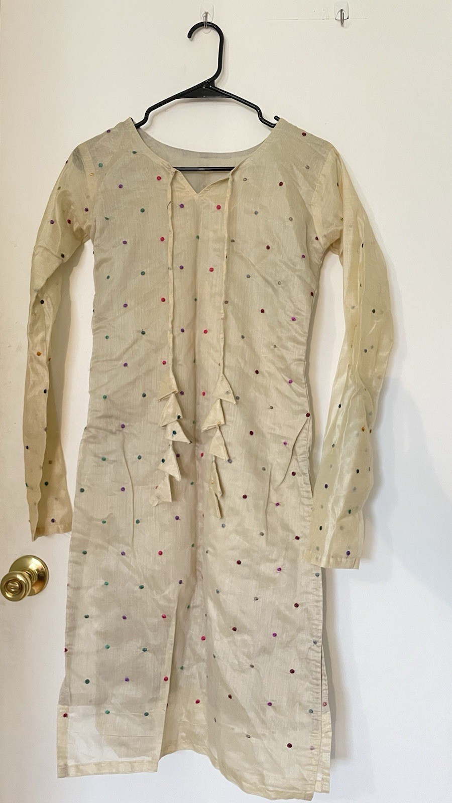 Full Sleeve Desi Beige Kurti with Multi Color Embroidered Polka Dot detail