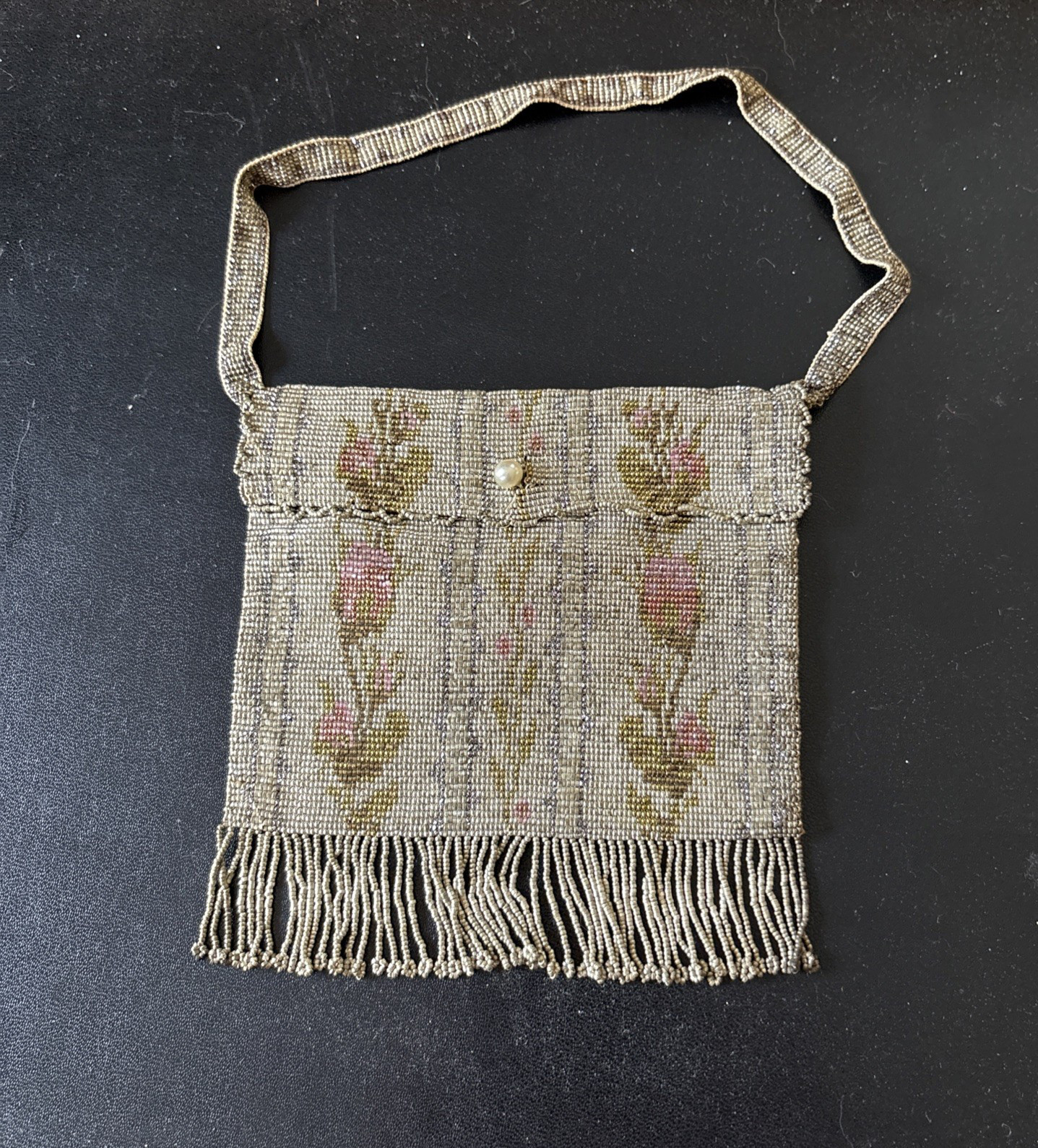 Antique Victorian/Edwardian Era Bag Glass Seed Beaded Floral FRANCE 5.25×5.5″