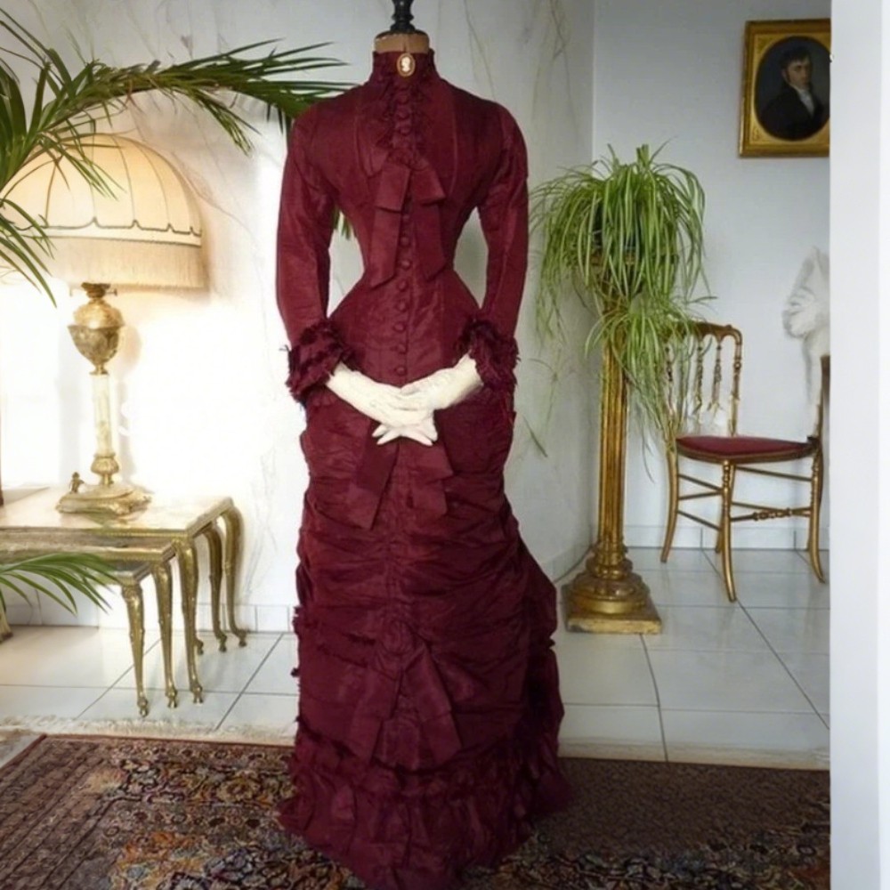History Burgundy Victorian Evening Dresses High Neck Long Sleeve Ruched Corset