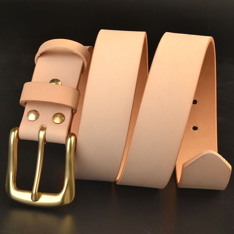 Hand Craft Custom Made Vegetable Tanned Leather Cowhide Belt Brass Buckle 38mm