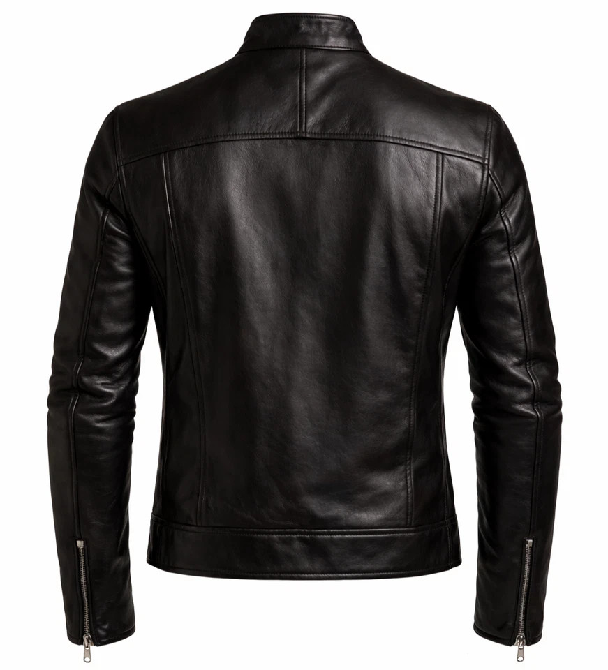 Men’s Black Genuine Leather Jacket Cafe Racer Slim Fit Motorcycle Biker Coat