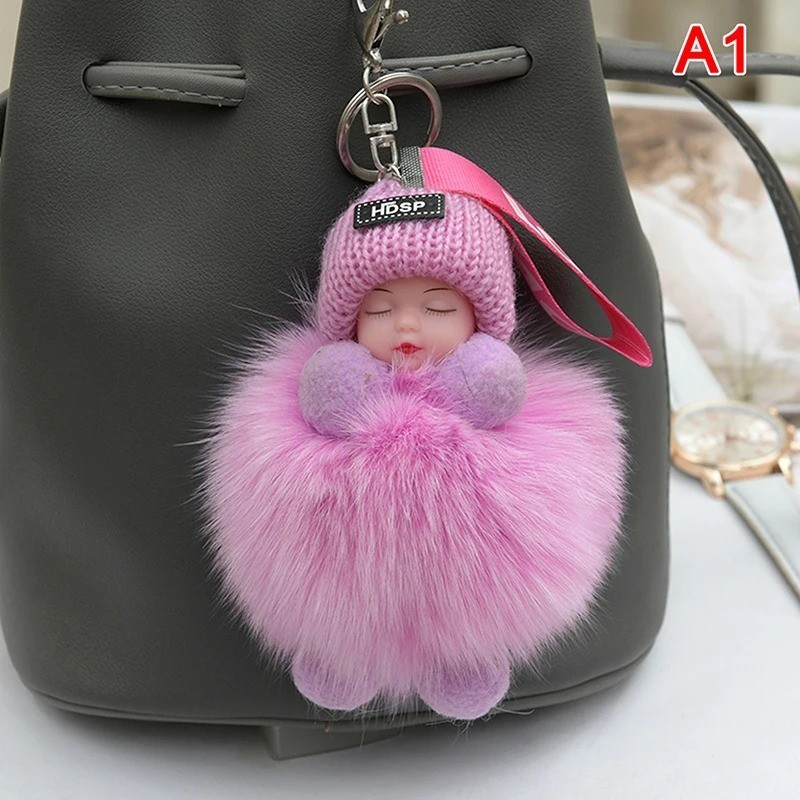 Cute Fluffy Pom Pom Plush Keychain Sleeping Baby Doll Bag Charm Gift for Women