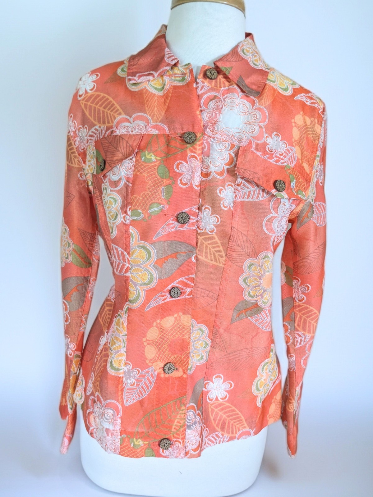 Multiple’s Coral Orange Floral Blouse Medium Semi Sheer Button Front Rayon Blend