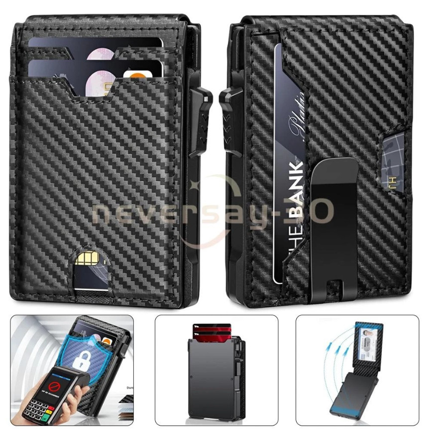 Men’s Slim Pop Up Carbon Fiber Wallet RFID Blocking Bifold Money Clip Gift