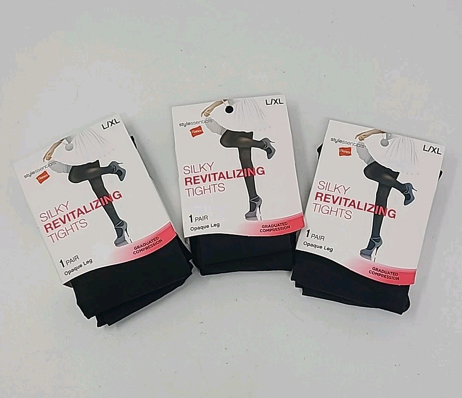 Hanes Silky Revitalizing Tights Opaque Leg L/XL Black Graduated Compression x3
