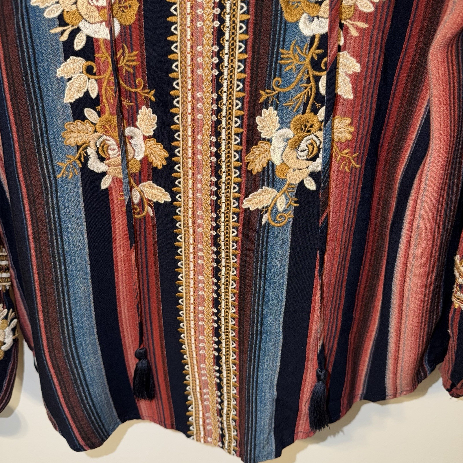 Savanna Jane Navy Multicolor Striped Floral Embroidered Top