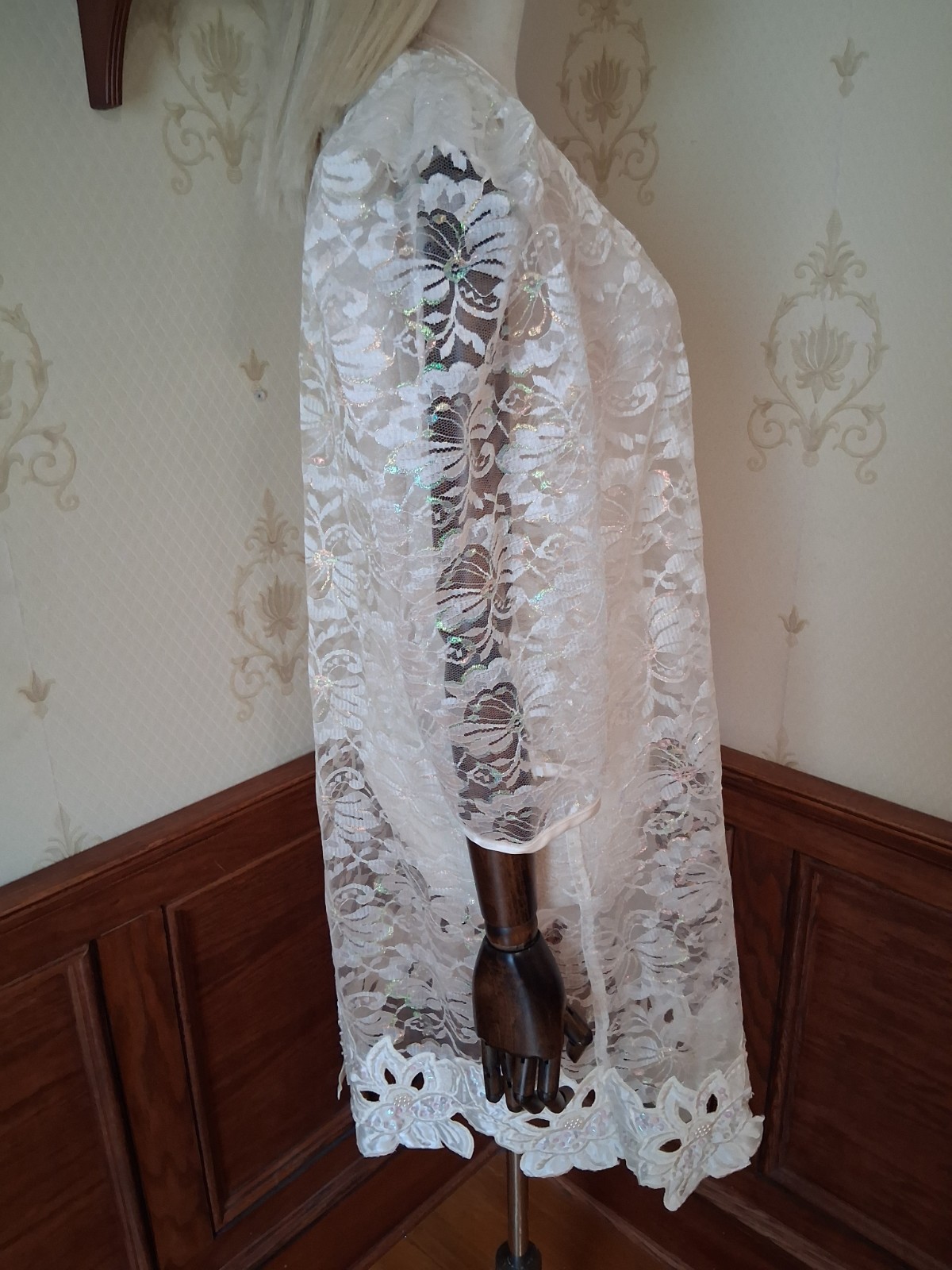 Vintage 1980s Desiree Ivory Sheer Iridescent Lace Romantic Coquette Mini-Dress