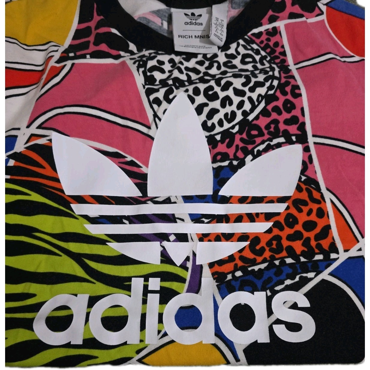 Adidas Shirt Women Large Multicolor Rich Mnisi Animal Print Allover Trefoil Logo