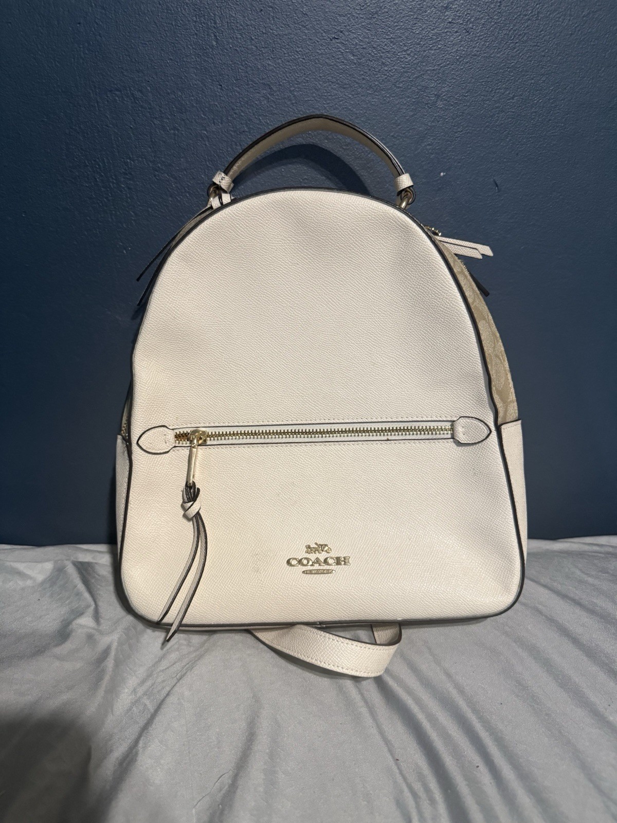 Coach White Logo Backpack Zip Closure Front Zip Pocket Gold Hardware