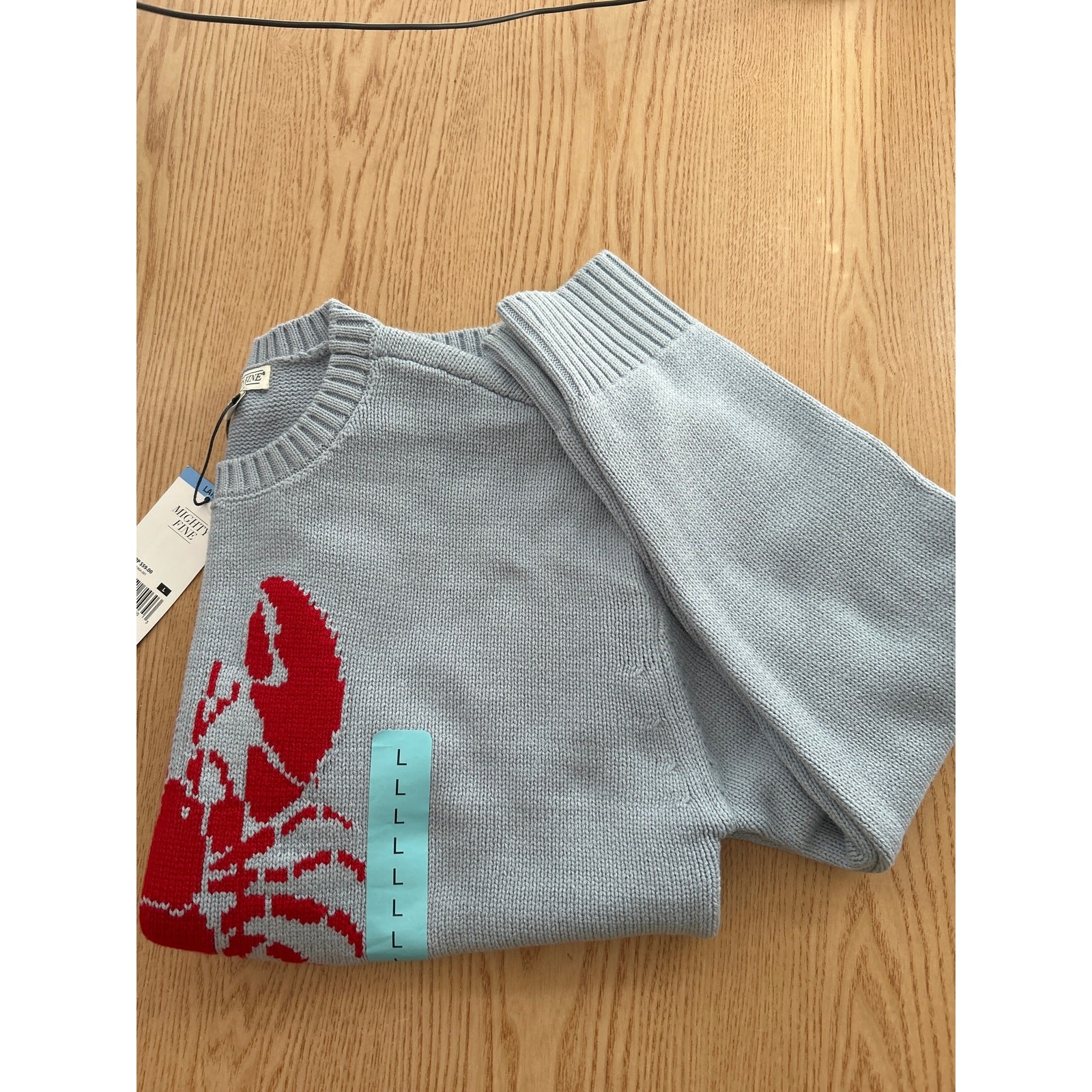 New Women’s Mighty Fine Lobster 🦞 Print Sweater Cotton Acrylic Baby Blue Large