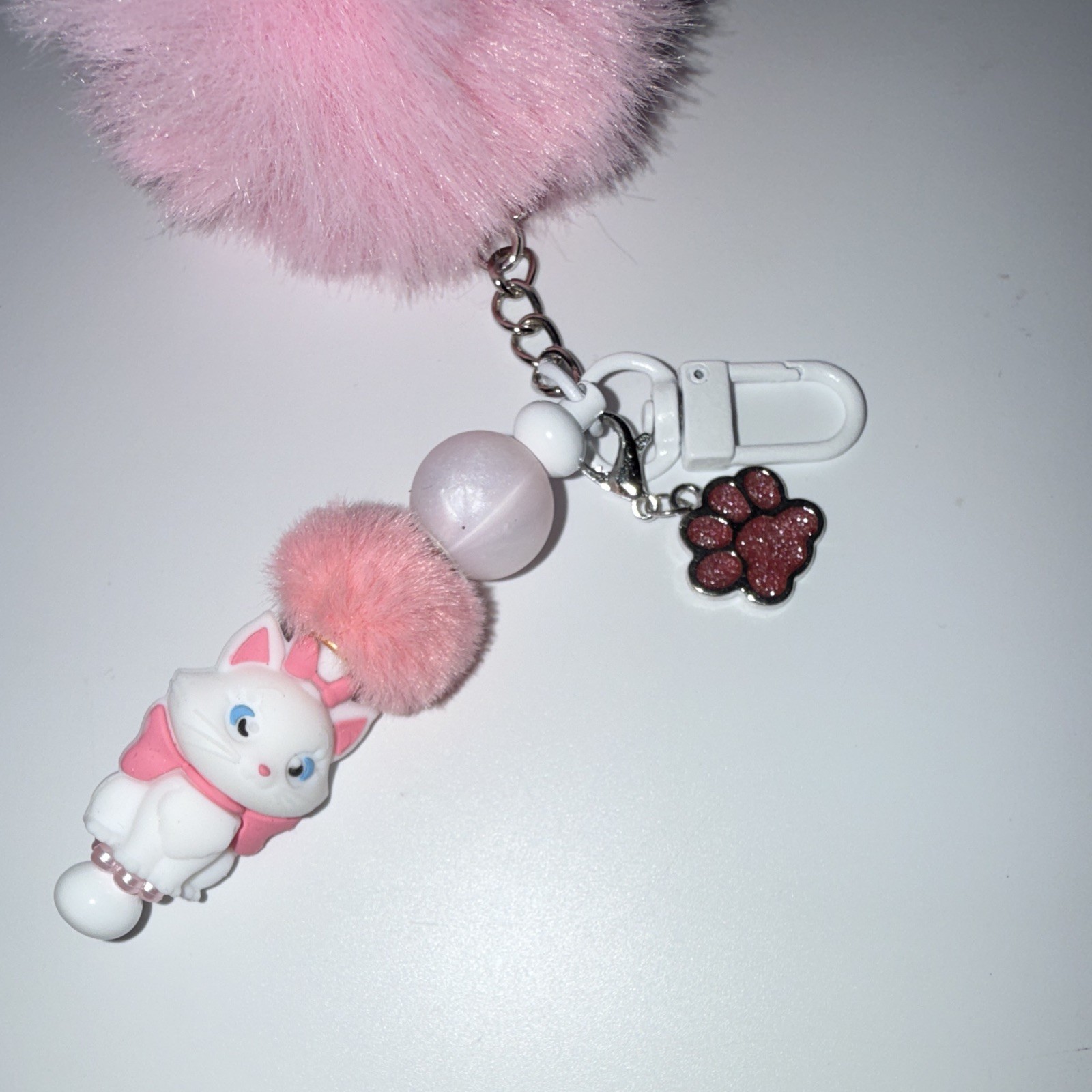 Pink Faux Fur Pom Pom Cat Key Chain/Bag Charm w/Beads & Detachable Clip