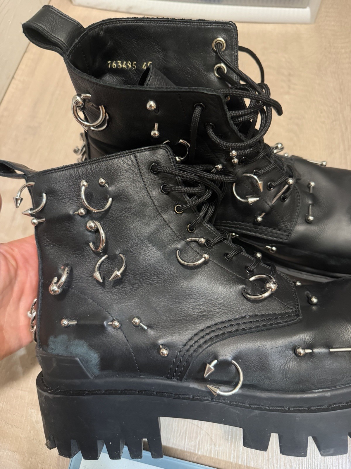 Balenciaga Men’s Black Leather Studded Strike Combat Ankle Boots Lace Up 12