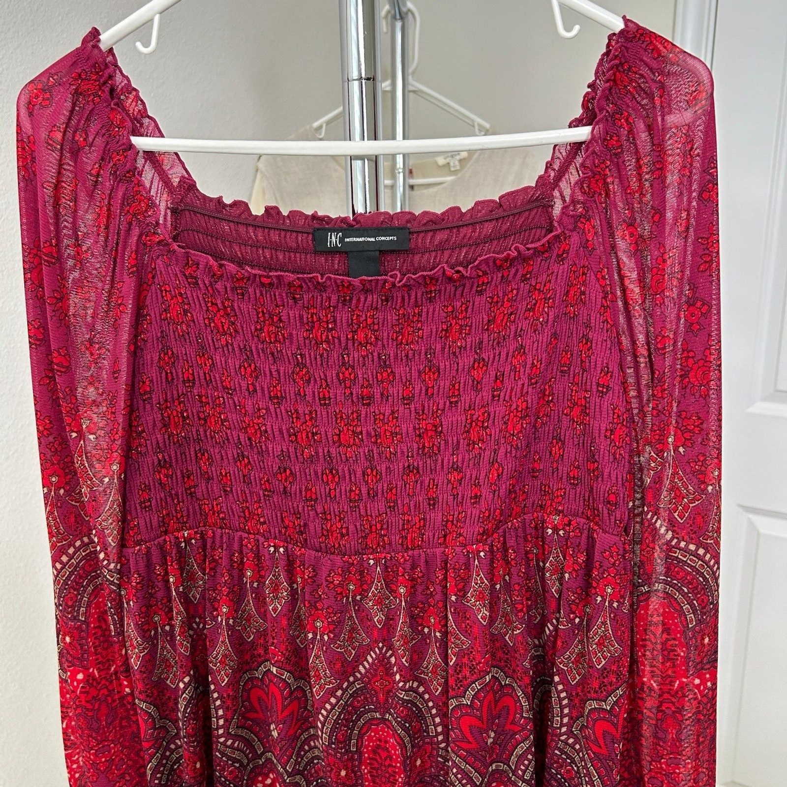 INC International Concepts Babydoll Blouse Large Red Paisley Y2K Festival Boho