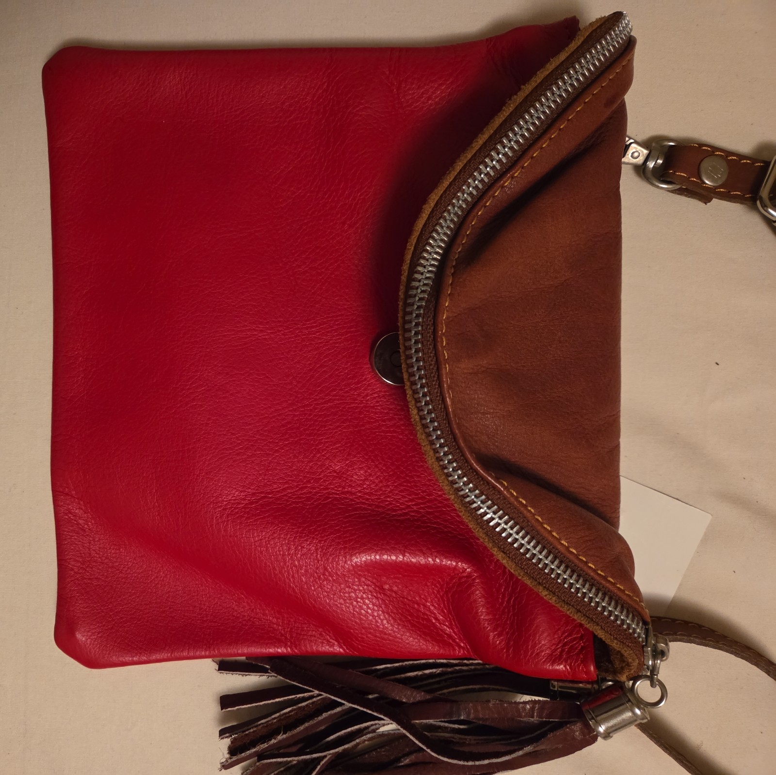 Borse In Pelle Red Italian Leather Cross Body Bag tassels EUC