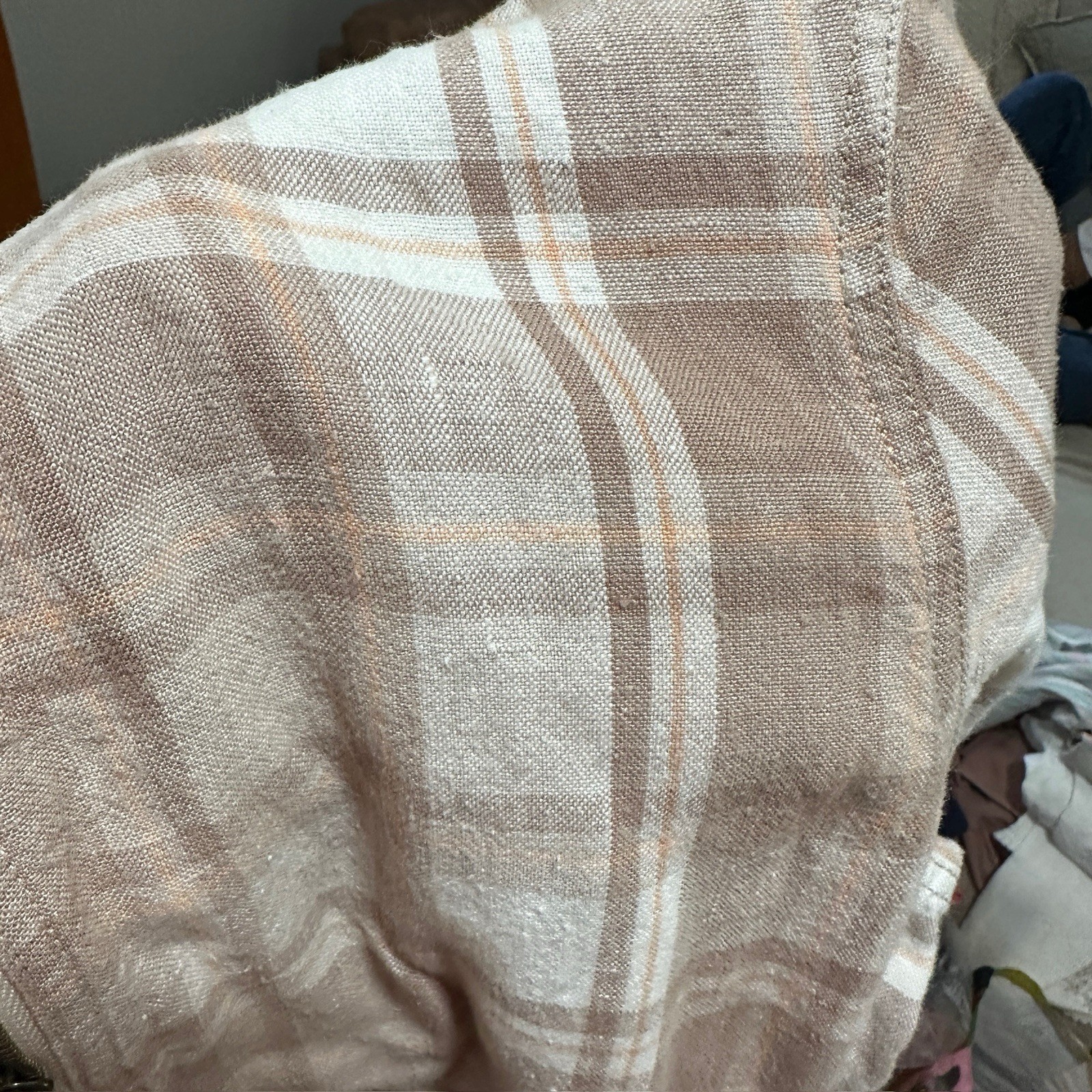 Eddie Bauer Women’s Plaid Hooded 100% Linen Full Zip Jacket Beige/White Large