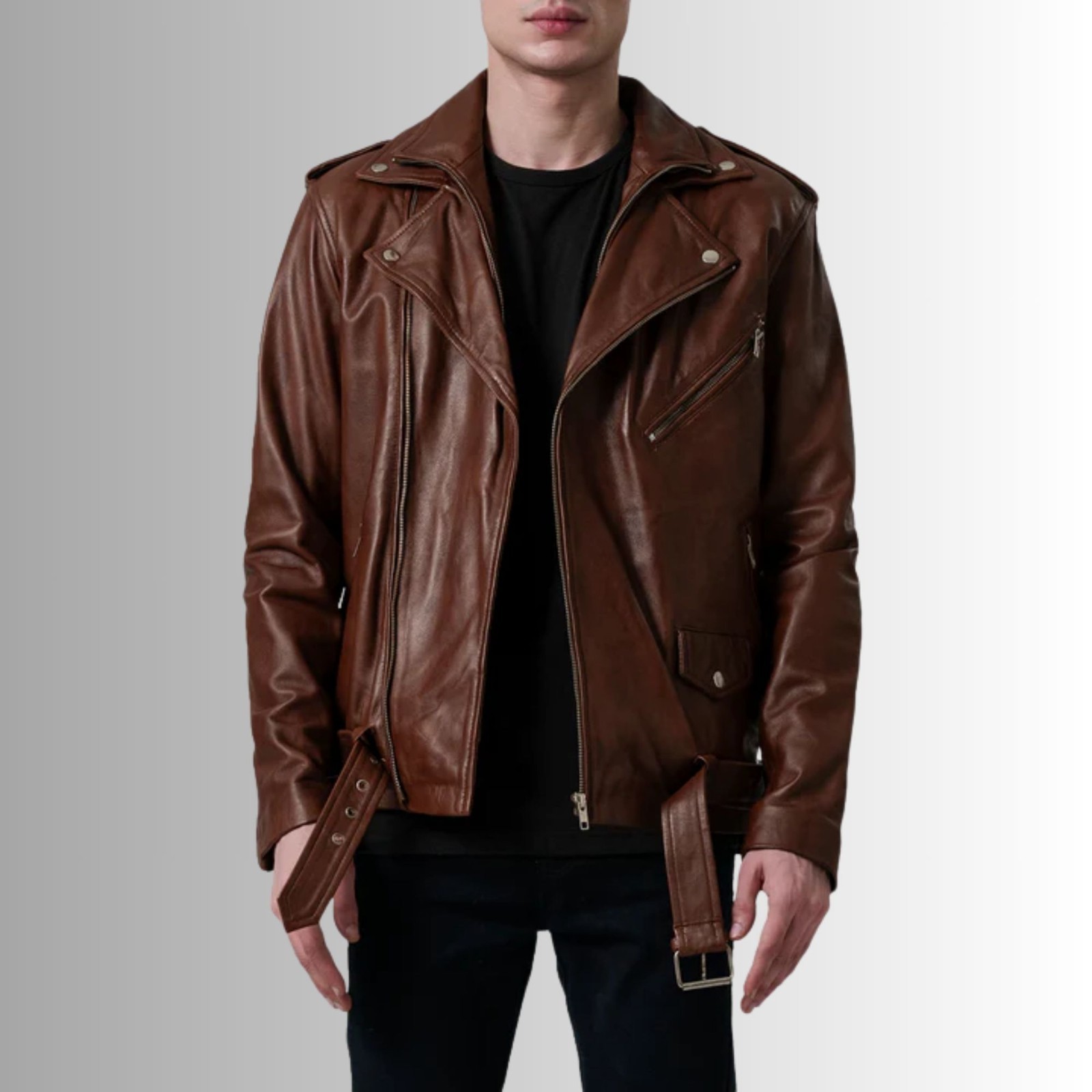 Men Brown Genuine Leather Biker Jacket Slim Fit Moto Zip Up Belted Coat
