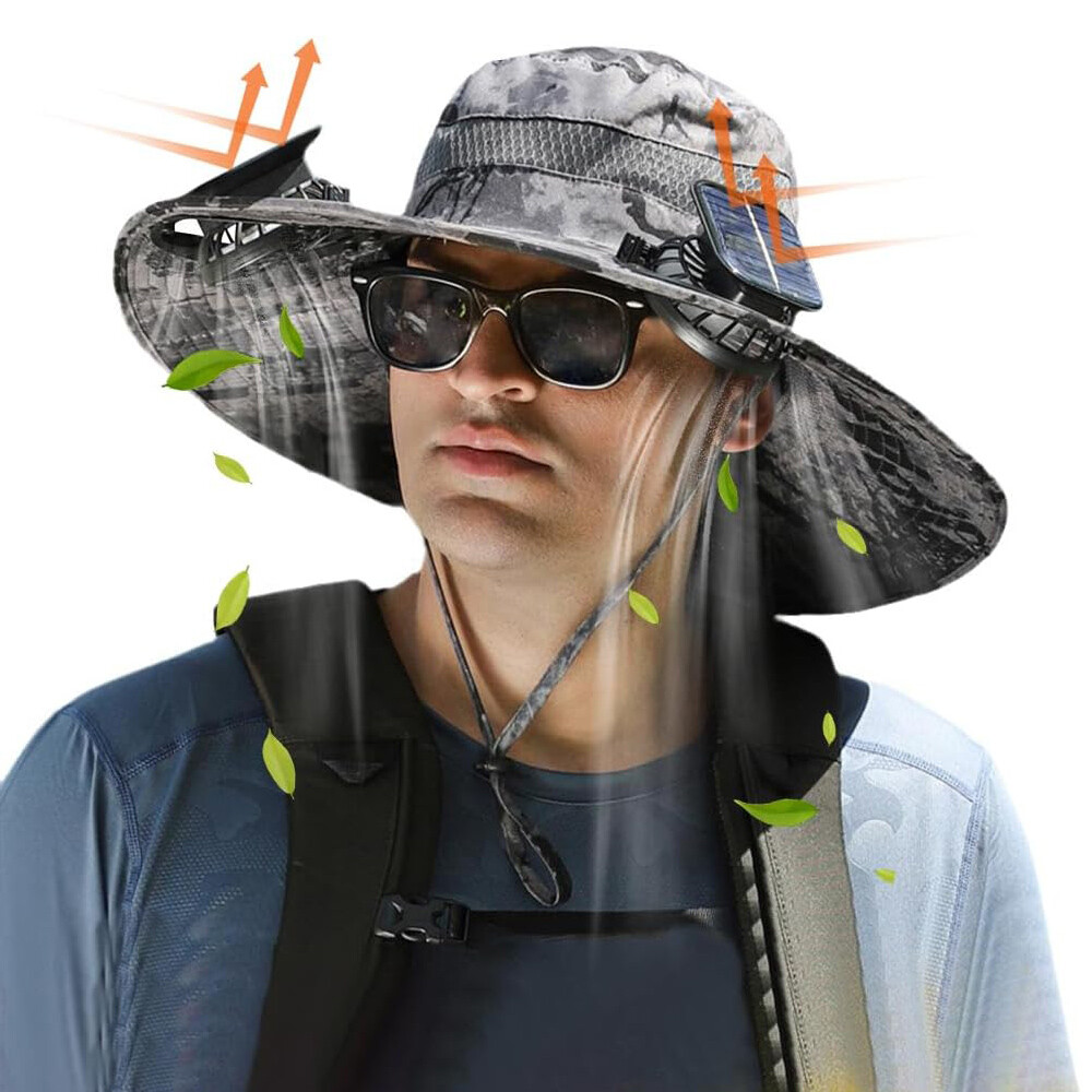 Outdoor Wide Brim Sun Hat with 2 Solar Fan UV Protection Hiking Camping Fishing